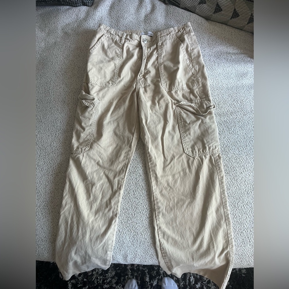 Zara Beige Wide Leg Cargo Pants Utility Pocket Relaxed Fit Women’s US 6 EU 38
